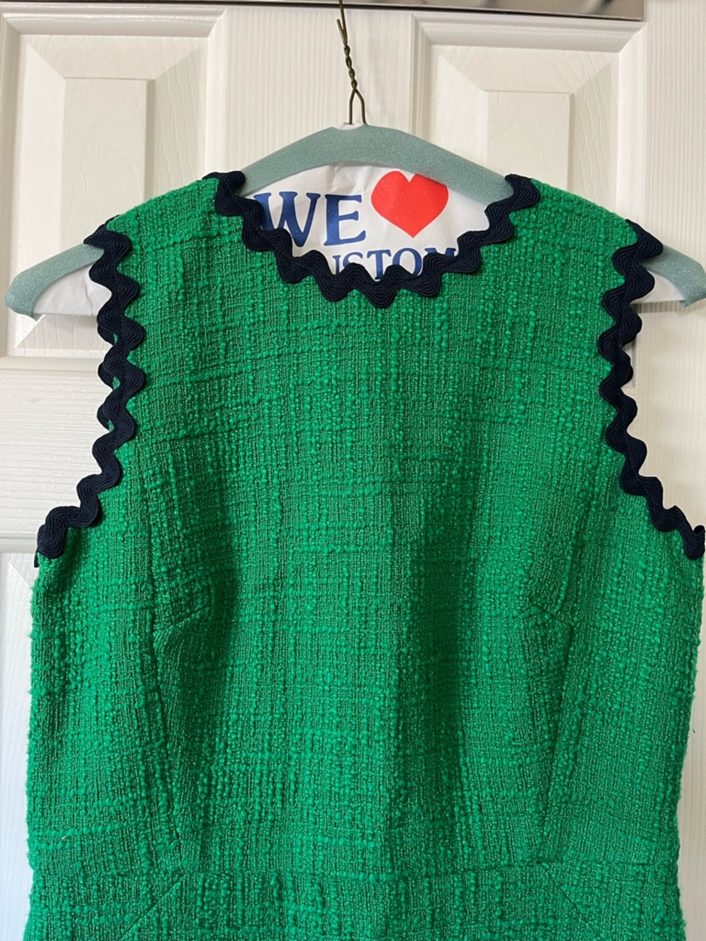 J. Crew size 2P green textured tweed sheets dress with navy blue scalloped trim - Picture 4 of 13